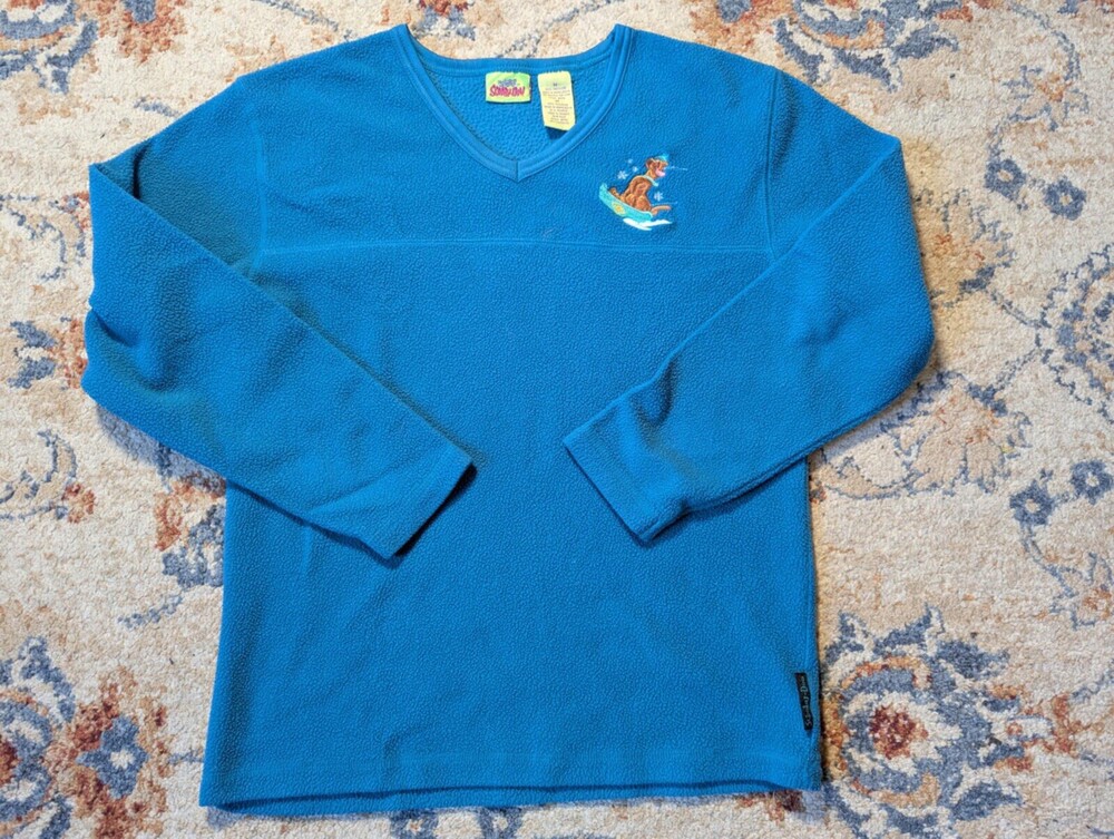 Vintage Y2K Scooby Doo Fleece V-Neck Sweatshirt Teal Cartoon Network Medium
